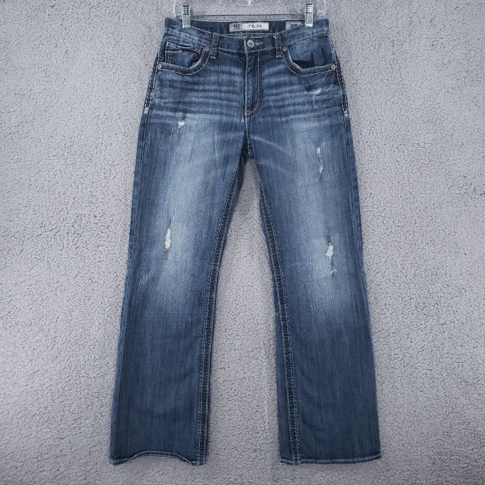 BKE TYLER 32R straight thick stitch whiskered western distressed jeans (30x30)
